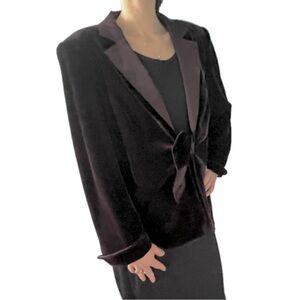 Vintage 90s Espresso Brown Velvet Blazer w/ Satin Shawl Collar & Bow Closure”